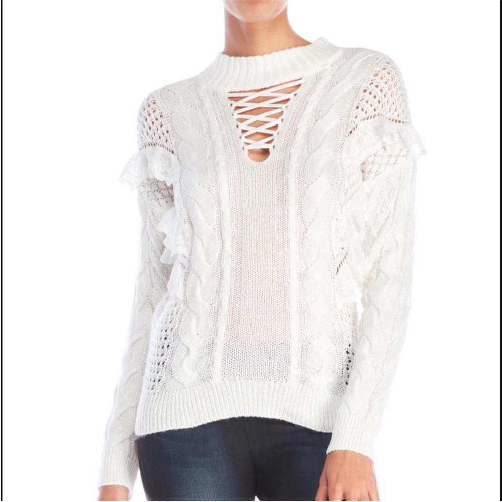 Torn by Ronny Kobo white lace up ruffle sweater